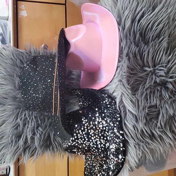 Accessories - Hats pink metallic, sequin hat or tall black hat